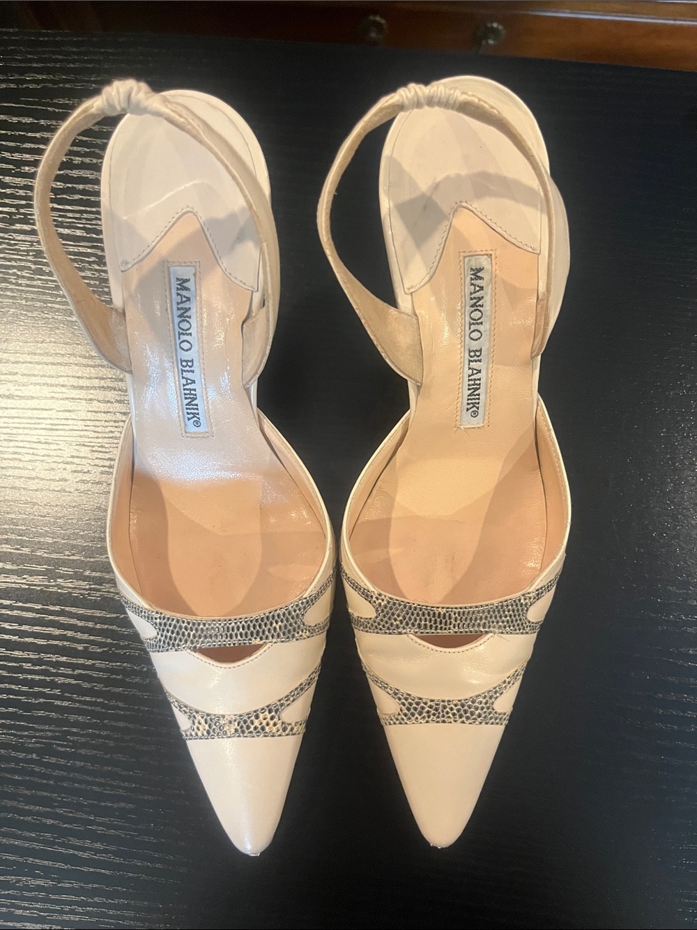 Manolo Blahnik Cream Pointed Toe Slingback Pumps with Snake-Print Trim